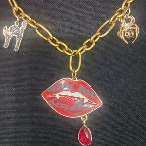 Kiss Me Deadly Gold Tone Spooky Necklace Handmade Vampire Goth Emo Punk Spider
